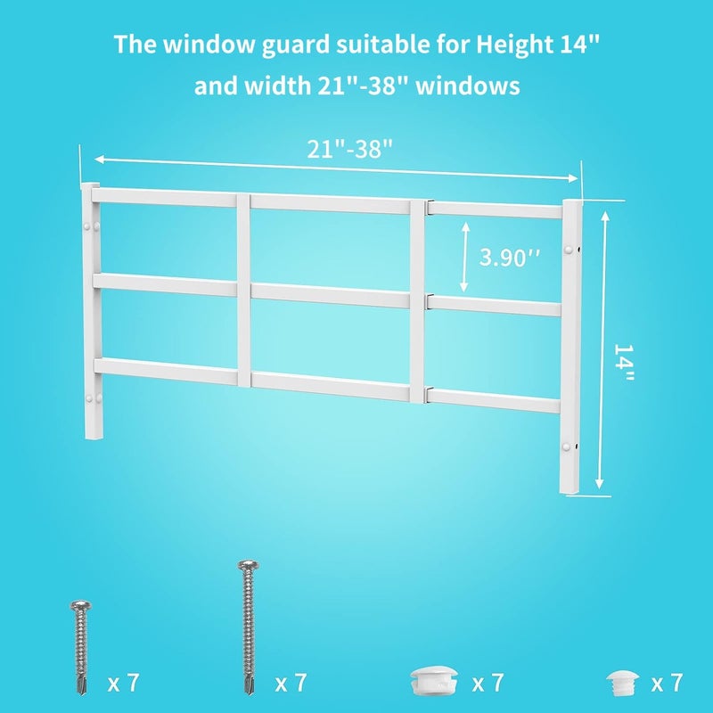 Delmoar Fixed Window Safety Guard 14”x 38” Adjustable Width Prevents Accidental Falls, Non-Egress, Tamper Resistant Screws Included, White, Single Pack - Image 3